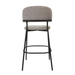 Taupe upholstered bar stool with rounded back, cushioned seat, black metal legs