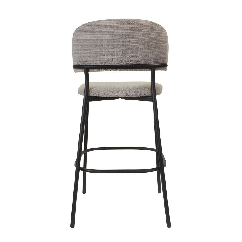 Taupe upholstered bar stool with rounded back, cushioned seat, black metal legs