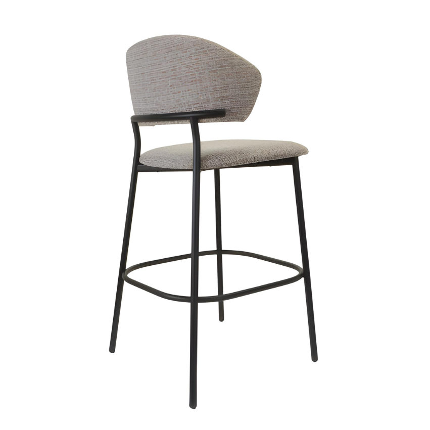 Taupe upholstered bar stool with rounded back, cushioned seat, black base and footrest