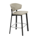 Taupe upholstered bar stool with black legs and chrome footrest