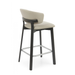 Taupe upholstered bar stool with black legs and chrome footrest