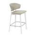 Light beige upholstered bar stool with white legs and chrome footrest