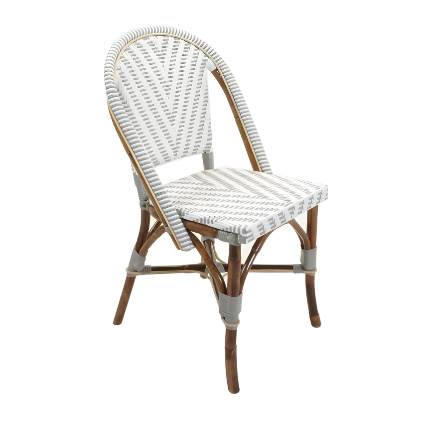 Nautilus side chair with white and gray woven seat, arched back, light wood legs