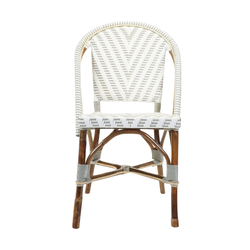 Nautilus side chair front view with white-gray woven seat, cross braces, wood legs