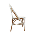 Nautilus side chair side view with curved woven back, wood frame, gray foot wraps