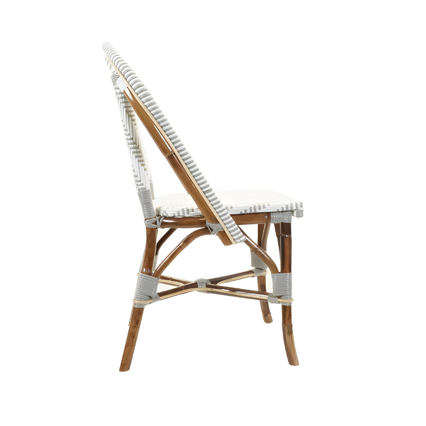 Nautilus side chair side view with curved woven back, wood frame, gray foot wraps