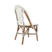 Nautilus side chair angled view with woven backrest and seat, light wood legs, gray ties