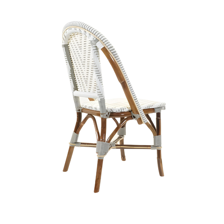 Nautilus side chair angled view with woven backrest and seat, light wood legs, gray ties