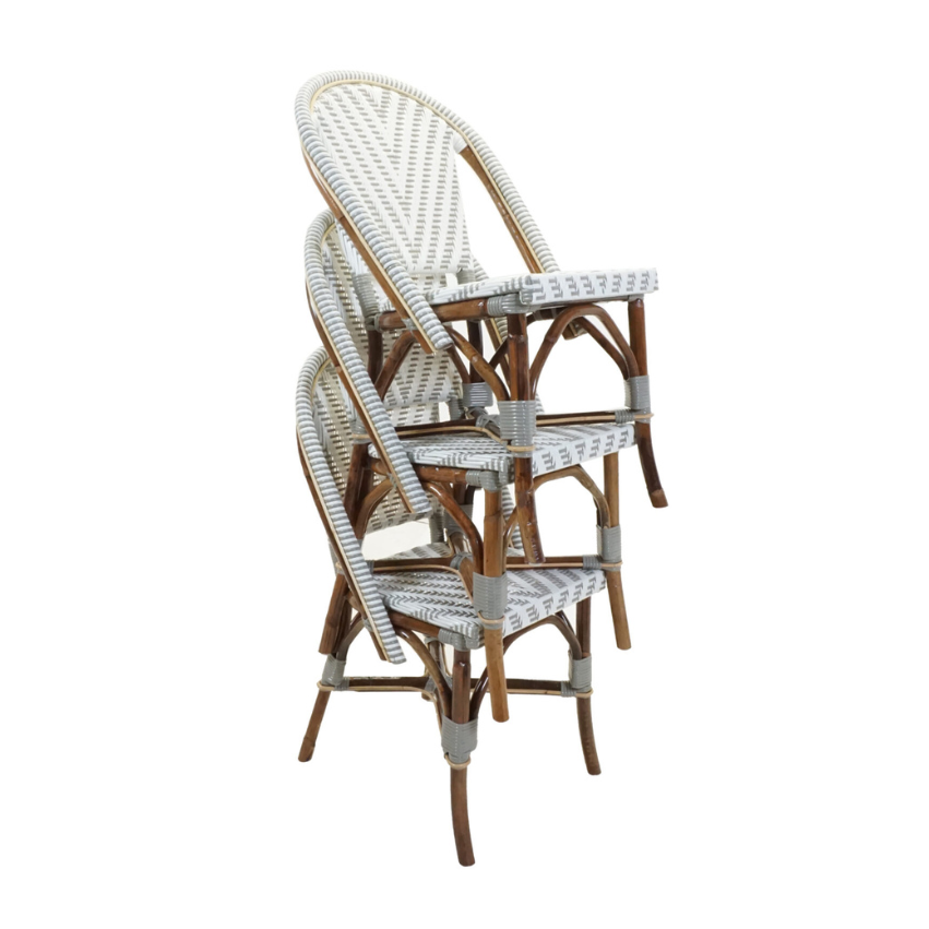 Nautilus side chair staggered view showing woven back, arms, and wood support frame