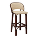 Rattan bar stool with round back, woven light seat, and dark wood legs and stretchers