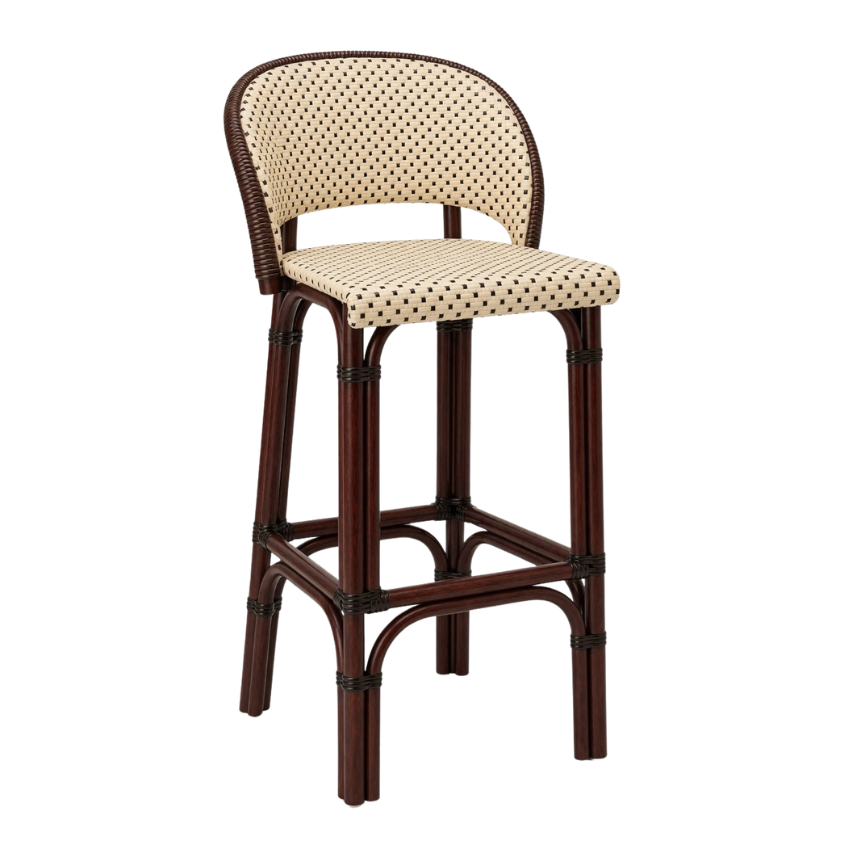 Rattan bar stool with round back, woven light seat, and dark wood legs and stretchers