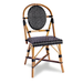 Woven side chair with light wood frame, oval backrest, black-and-white striped seat