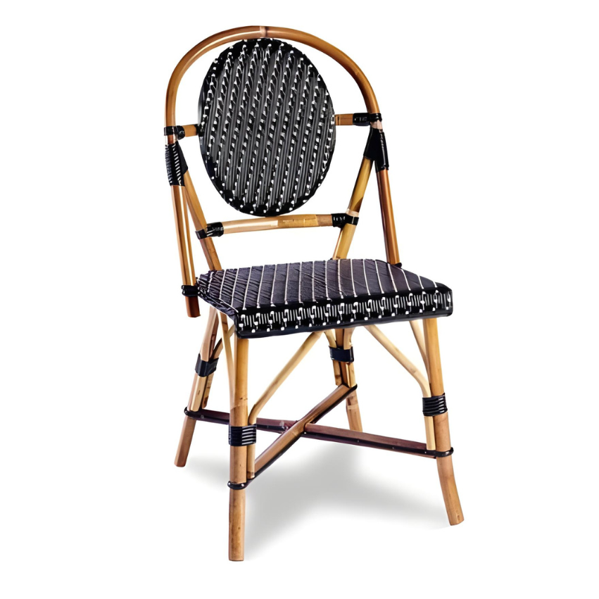 Woven side chair with light wood frame, oval backrest, black-and-white striped seat