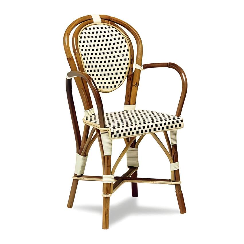 Galley side chair with light wood frame and woven black-and-white seat and backrest