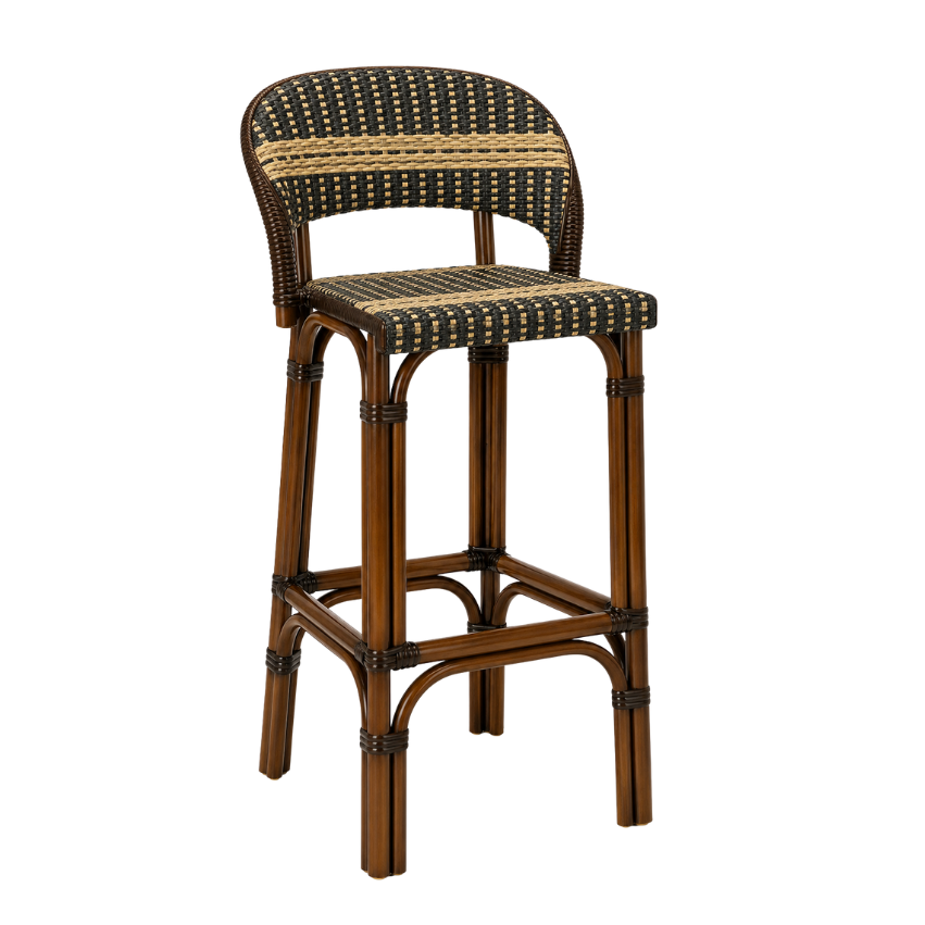 Rattan bar stool with round back, black woven cushion with gold stripe, dark wood frame