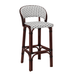 Rattan bar stool with rounded back, white woven cushion with black pattern, dark wood base