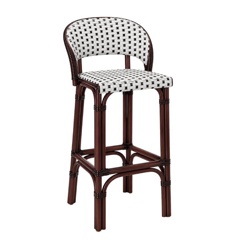 Rattan bar stool with rounded back, white woven cushion with black pattern, dark wood base