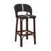 Rattan bar stool with round back, black woven cushion with white speckle stripe, dark wood frame