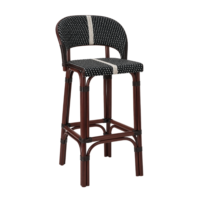 Rattan bar stool with round back, black woven cushion with white speckle stripe, dark wood frame