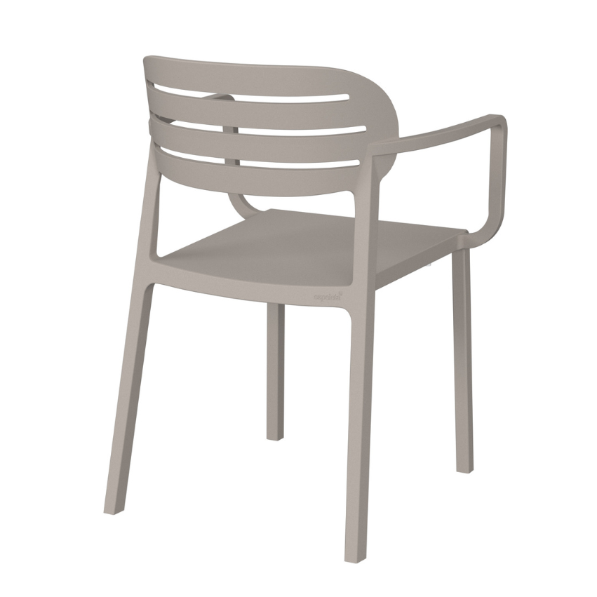 Luna arm chair angled view with slatted back, light taupe finish