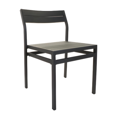 Dark outdoor side chair with slatted backrest and ribbed seat platform