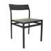 Dark outdoor side chair with slatted backrest and ribbed seat platform