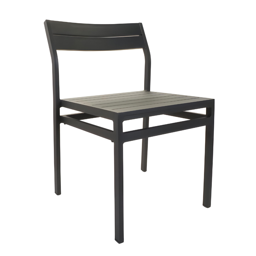 Dark outdoor side chair with slatted backrest and ribbed seat platform