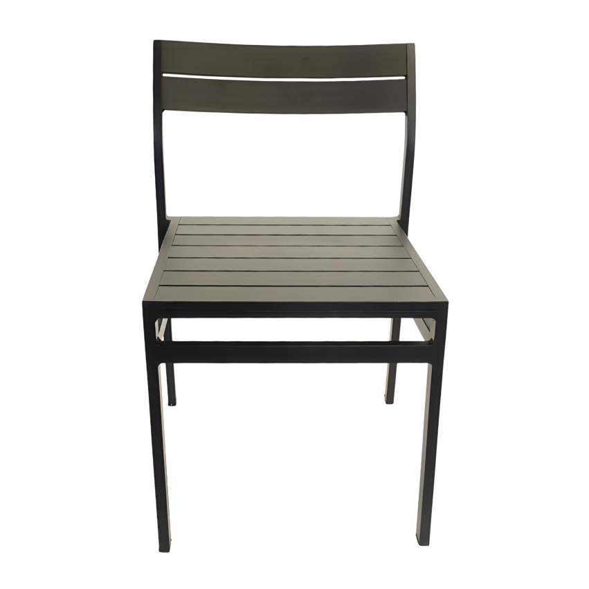 Dark outdoor side chair with horizontal slats on seat and backrest