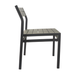 Dark outdoor side chair with slatted seat and arched back support frame