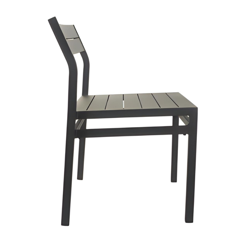Dark outdoor side chair with slatted seat and arched back support frame