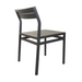 Dark outdoor side chair with slatted backrest and ridged seat, front-left view