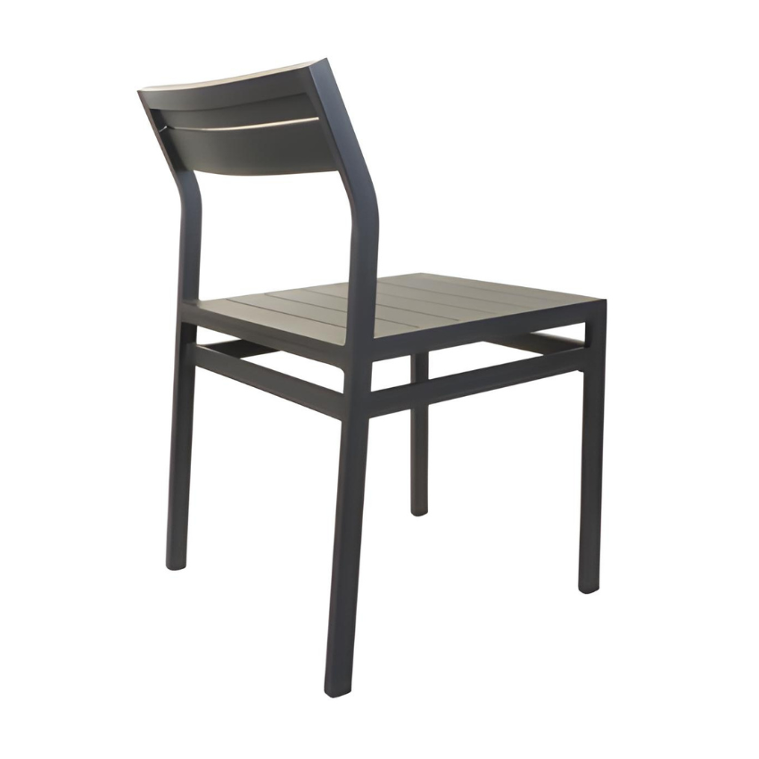 Dark outdoor side chair with slatted backrest and ridged seat, front-left view