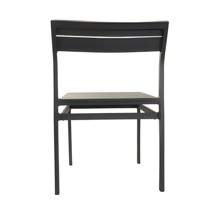 Dark outdoor side chair with open frame and slatted seat panel and backrest