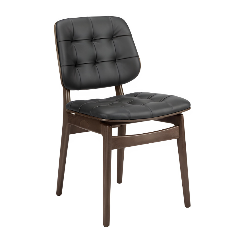 Sutton side chair with dark button-tufted seat, dark brown wood frame, padded backrest