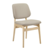 Upholstered side chair with light beige seat and back, light wood frame and legs