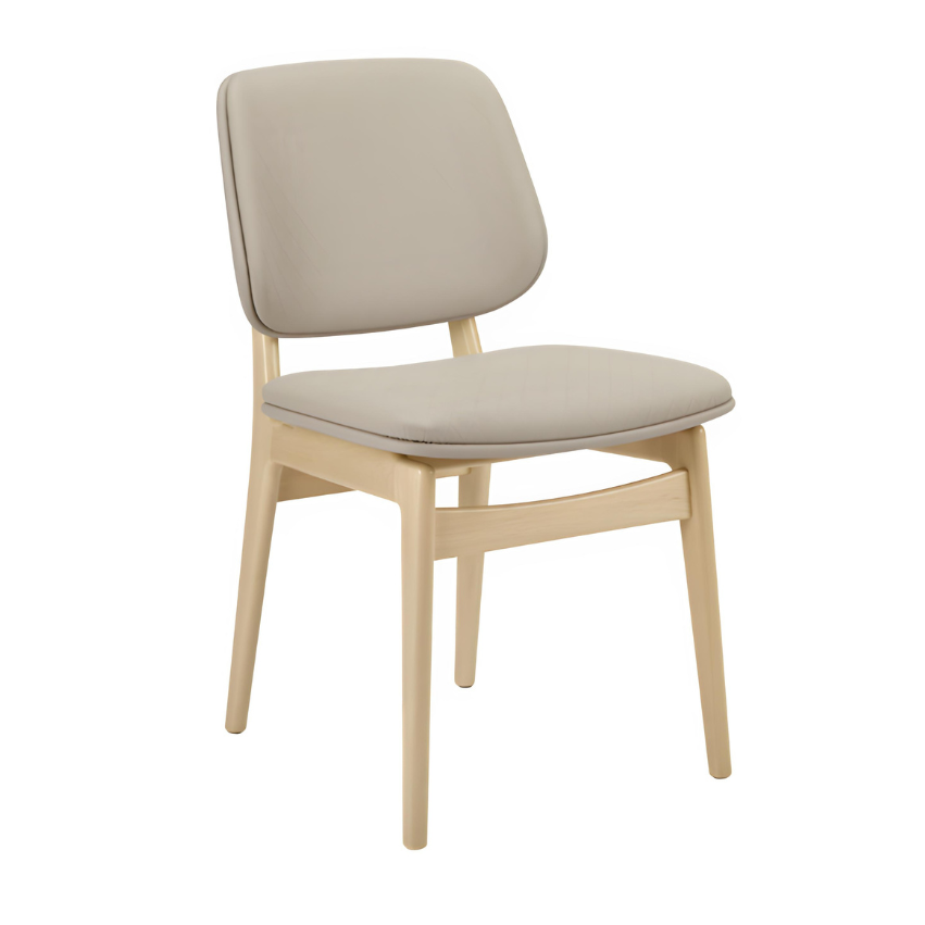 Upholstered side chair with light beige seat and back, light wood frame and legs