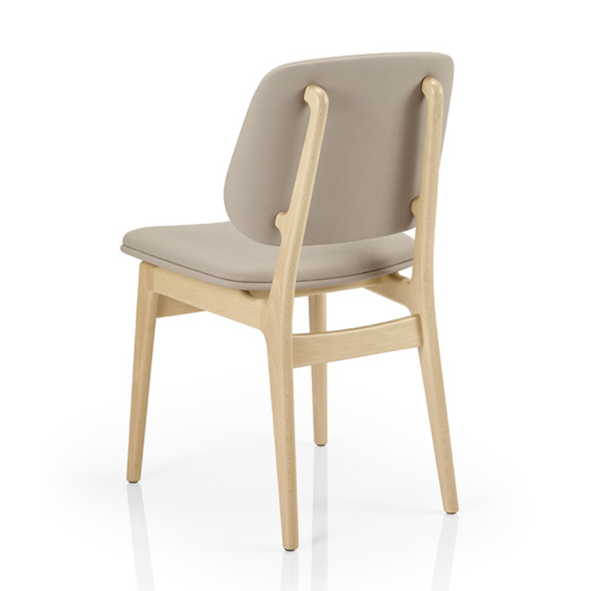 Upholstered side chair with light beige seat and back, pale wood frame and legs