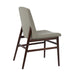 Upholstered side chair with light gray seat, dark brown wood frame and armrests