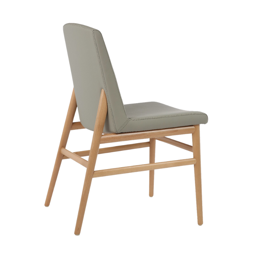 Upholstered side chair with light gray seat and back, light wood frame
