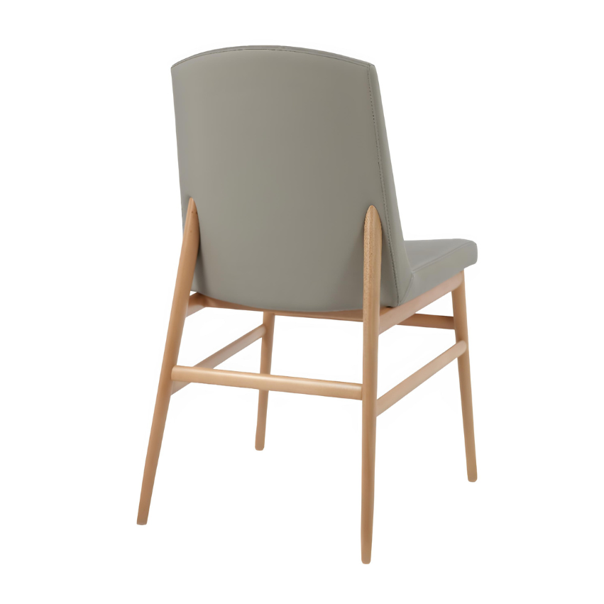 Upholstered side chair with light gray back and seat, natural wood frame