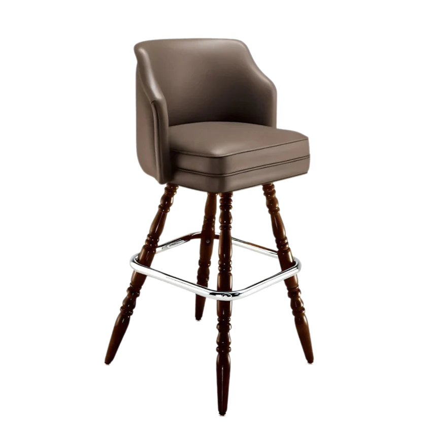 Medium brown leather-look bar stool with curved back, padded seat, and turned wood legs with chrome base