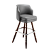 Gray leather-look bar stool with curved back, padded seat, and turned dark wood legs with chrome base
