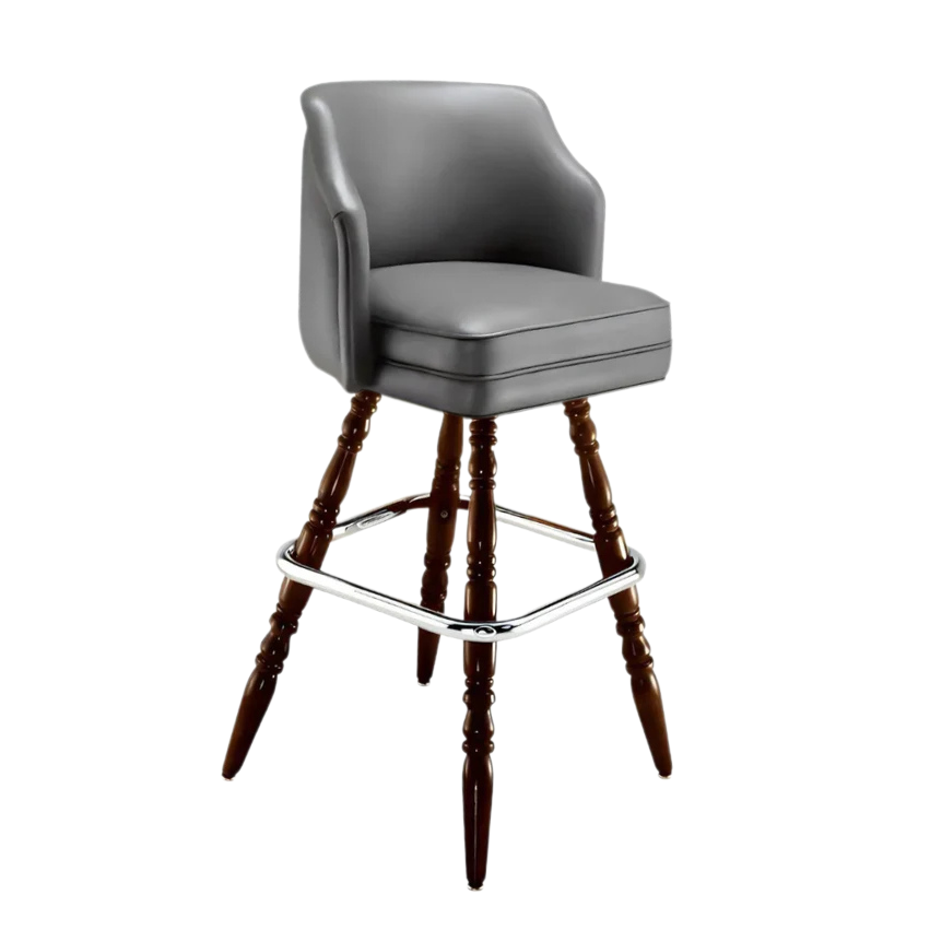 Gray leather-look bar stool with curved back, padded seat, and turned dark wood legs with chrome base