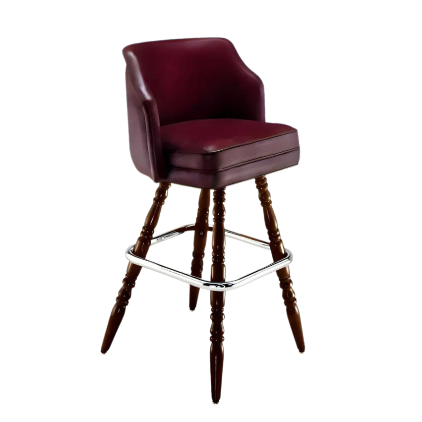 Upholstered bar stool with curved arms, burgundy seat, turned wood legs, chrome footrest
