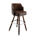 Dark brown leather-look bar stool with curved back, padded seat, and turned wood legs with chrome base