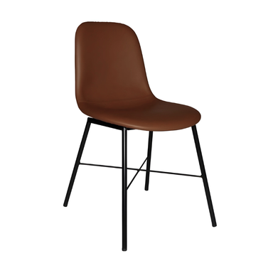 Brown upholstered side chair with black metal legs and curved backrest and seat