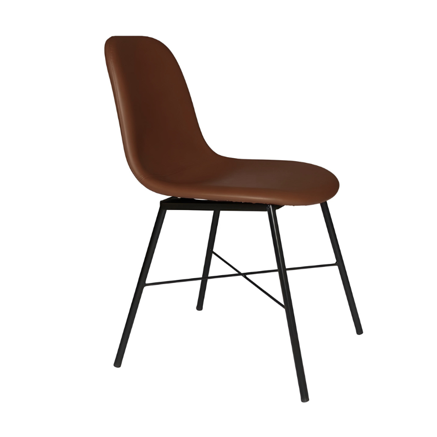 Brown upholstered side chair with black metal legs, curved back and wide seat