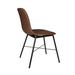Brown upholstered side chair with black metal frame, side view of curved seat and back