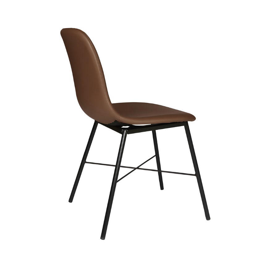 Brown upholstered side chair with black metal frame, side view of curved seat and back