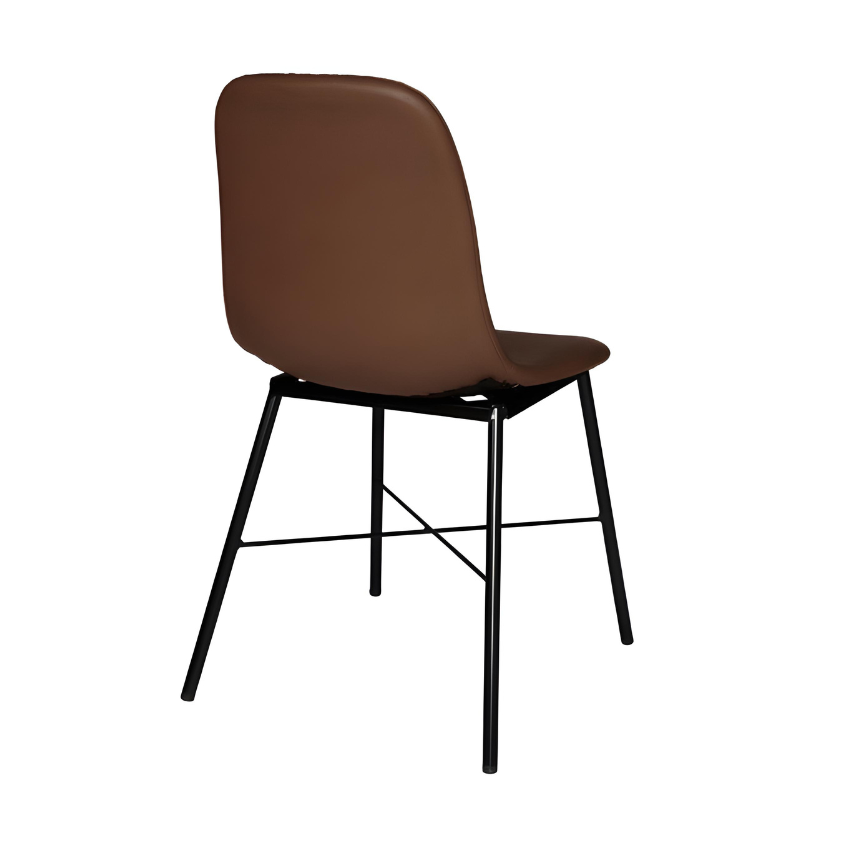 Brown upholstered side chair with black metal legs, front view of curved seat